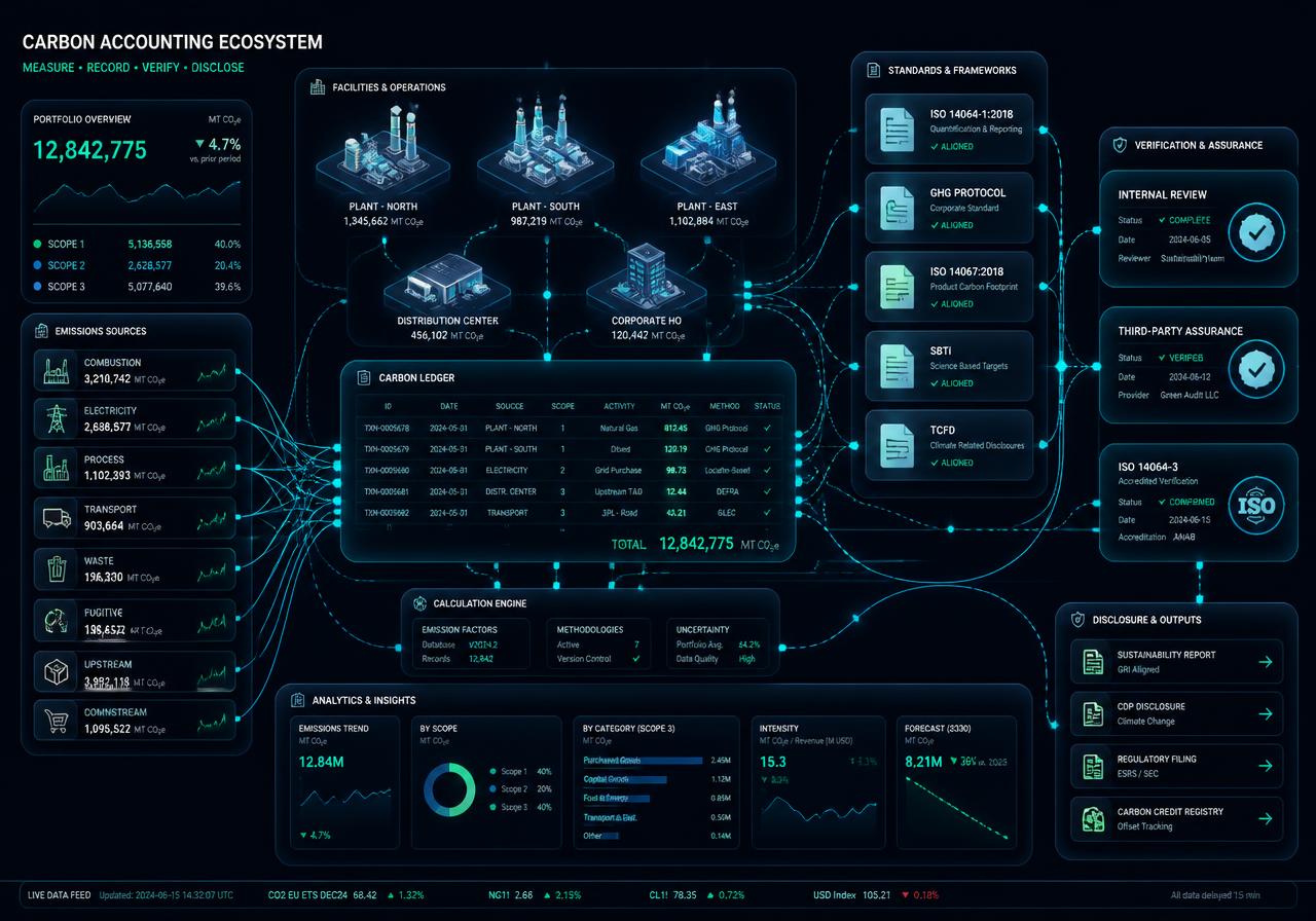 Carbon accounting ecosystem connecting industrial facilities, ledgers, standards and verification