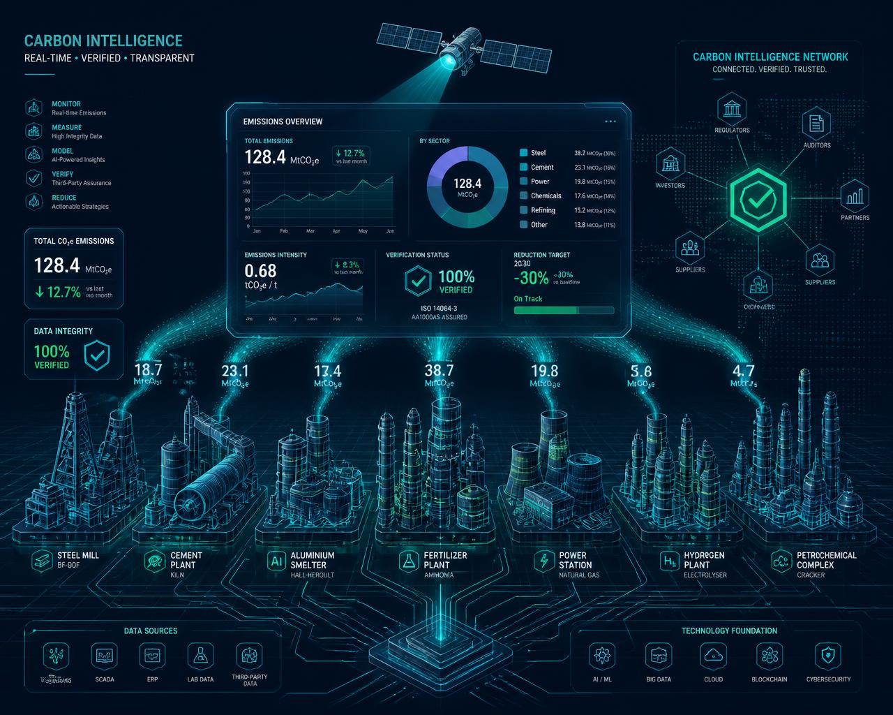 Scientific carbon intelligence platform linking industrial emissions, satellite monitoring, verification workflows and ESG analytics