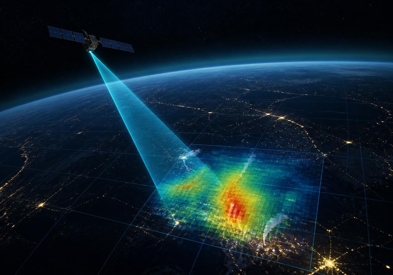 Satellite scanning industrial emissions with atmospheric CO2 concentration overlay